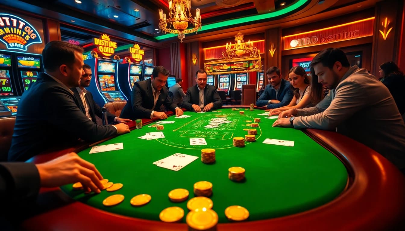 KQBD sports betting environment featuring vibrant casino tables and excited players engaging in poker.
