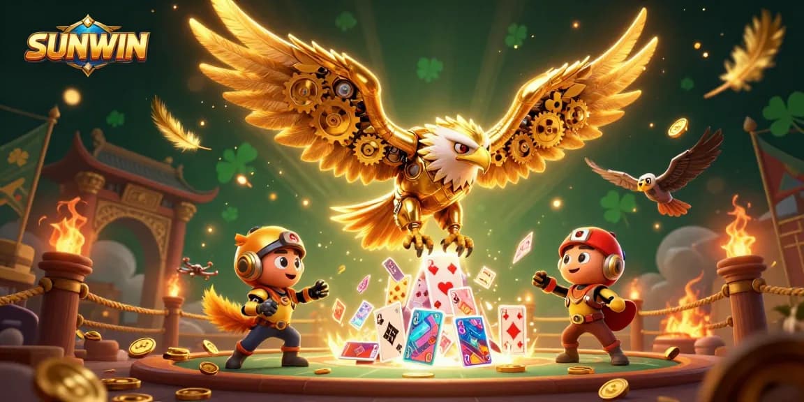 SUNWIN offers a thrilling casino experience with a cybernetic eagle diving through vibrant holographic cards.