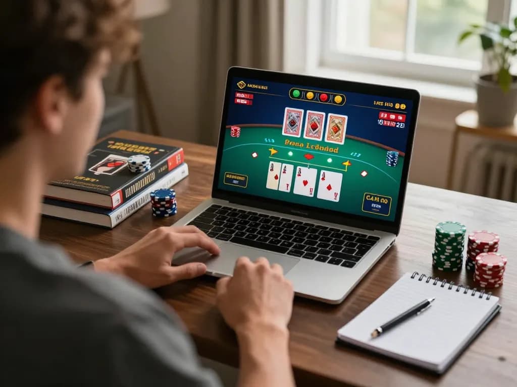 Player engaging in live dealer blackjack online with KKWIN, showcasing strategy notes in a cozy setting.