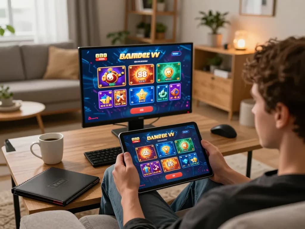 Engaged user exploring 888new-vn online gambling platform on a tablet in a cozy home setting