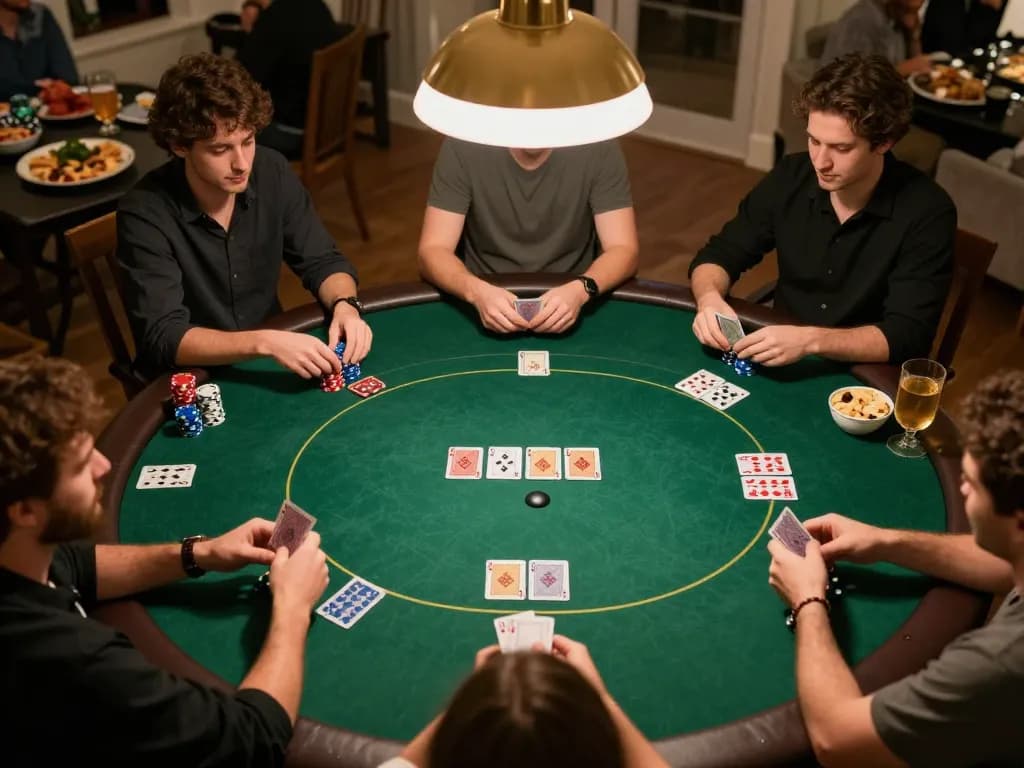 Players engage in intense poker gameplay at home during a TR88 poker night, showcasing strategy and camaraderie.