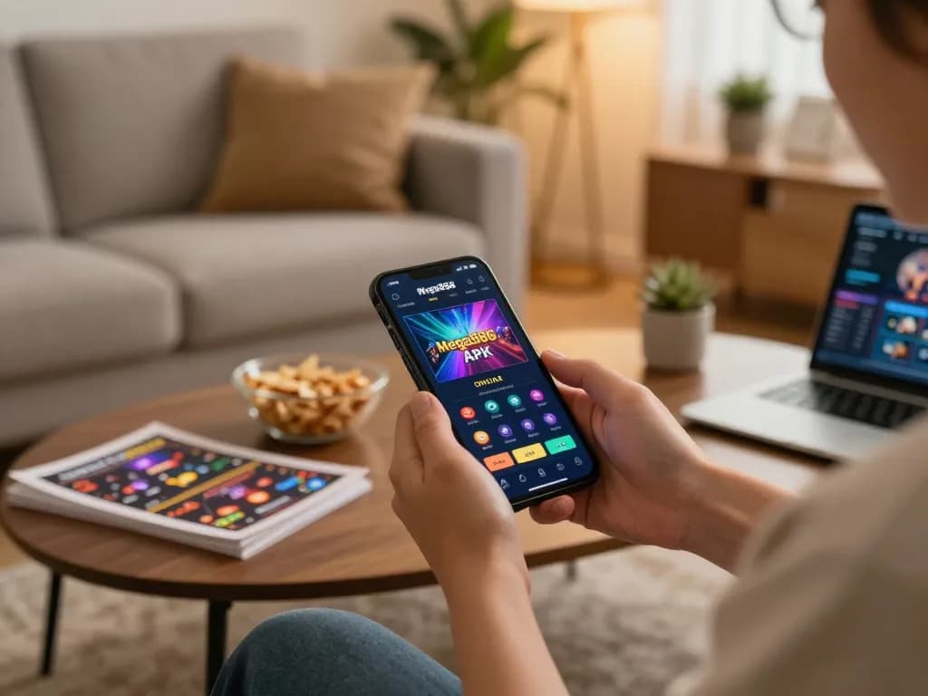 Mega888 APK displayed on a smartphone with a user engaged in online gaming strategy.