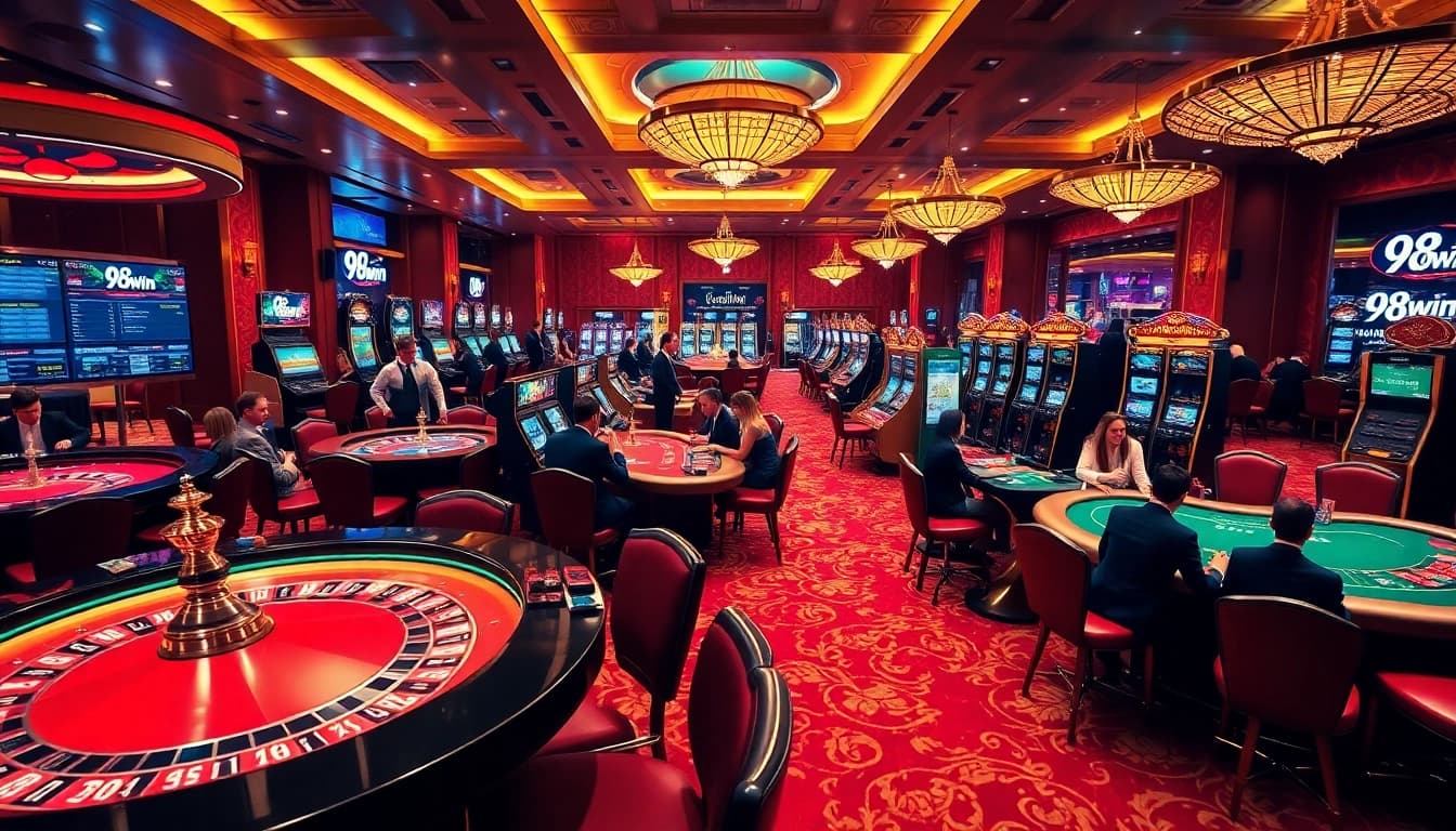 Players enjoying high-stakes games at a luxurious 98win casino floor with vibrant slot machines and roulette tables.