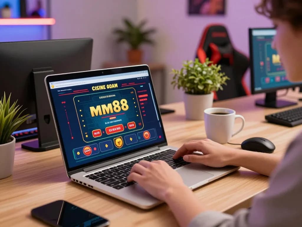 Engaging online casino moment at mm88 with players enjoying a vibrant gaming experience on laptop.