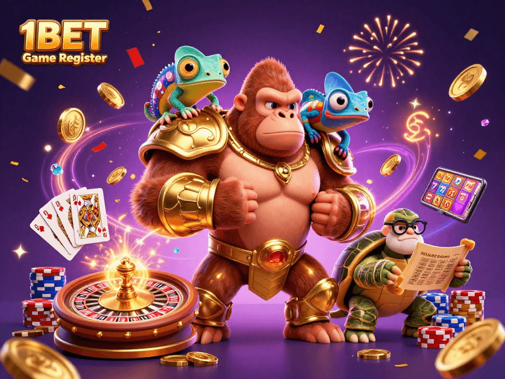Join the 1BET Game Register for a thrilling casino experience with vibrant characters and dazzling elements.