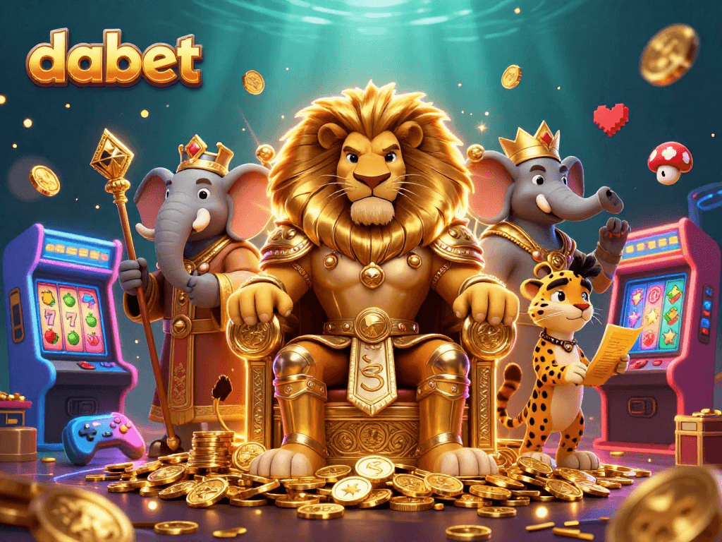 Experience thrilling gameplay at dabet with a lion king, elephant advisor, and cheetah messenger in a lively casino scene.