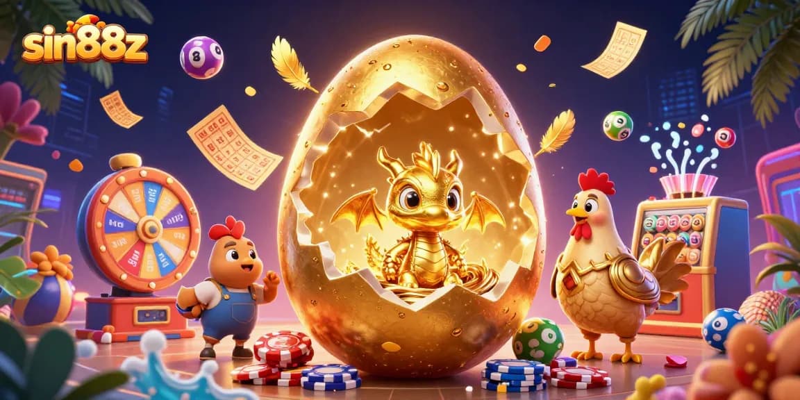 Engage with sin88z as a golden dragon emerges from a jackpot egg amidst vibrant casino elements.