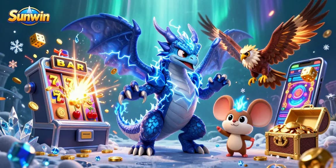 Experience big wins with Sunwin, illustrated by a dynamic 3D scene of winning slots and festive elements.