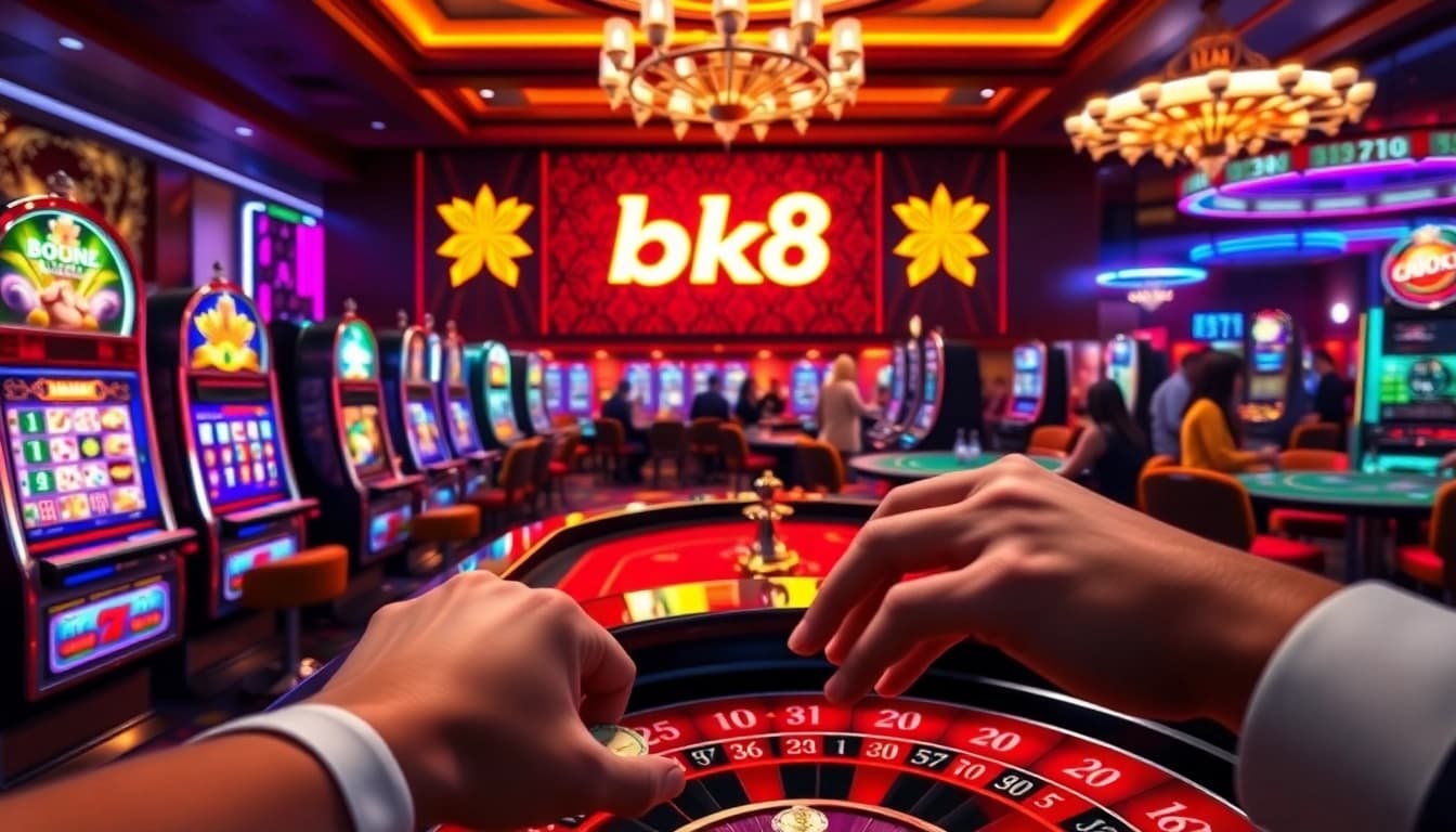 Excited gamblers engaging with games while promoting the สมัครสมาชิก bk8 platform for online casino enthusiasts.