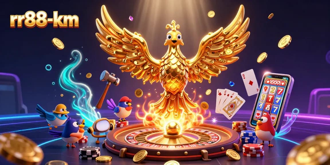 Join the excitement of rr88-km with a golden phoenix surrounded by cascading coins and vibrant casino elements.