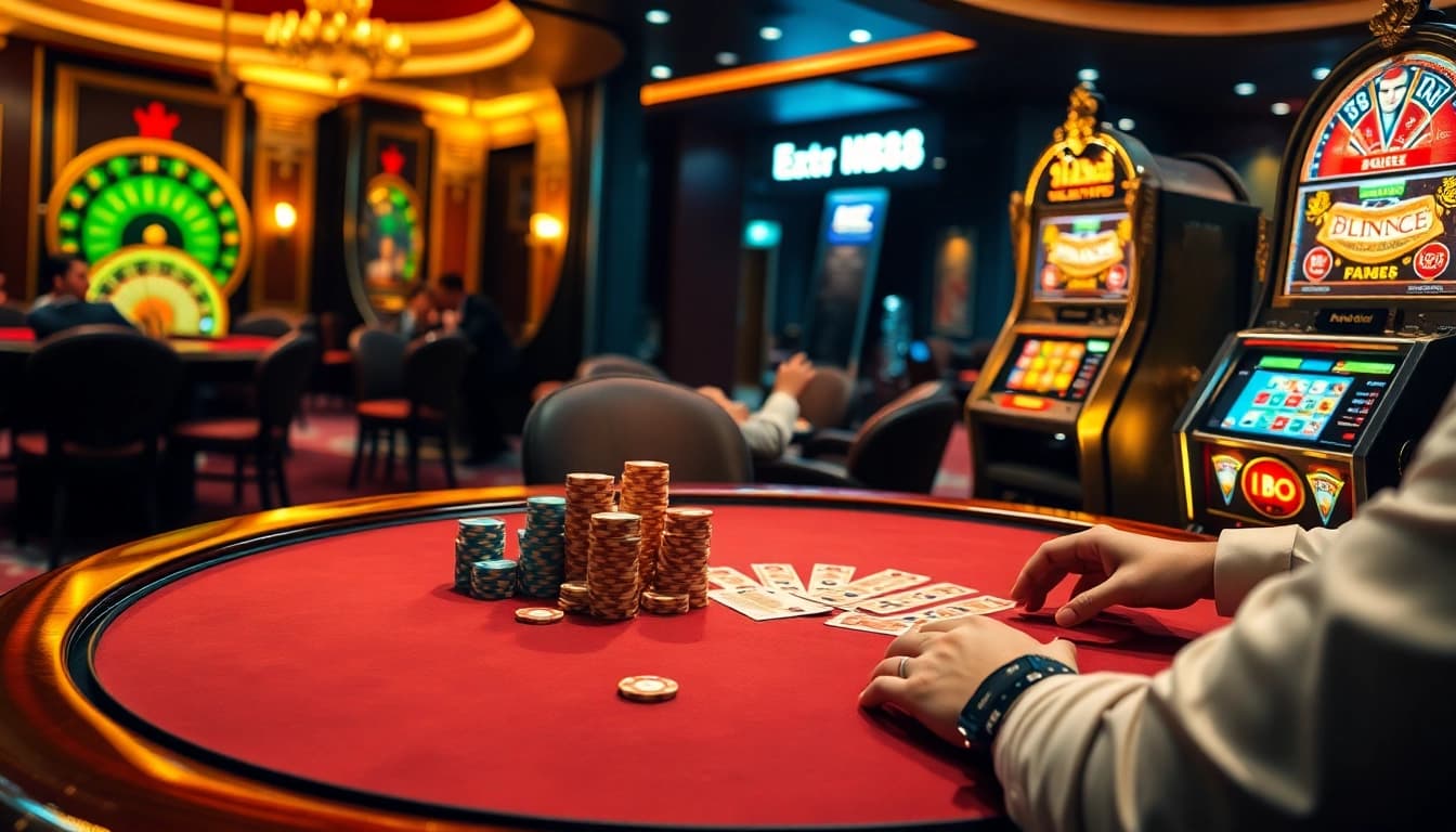Experience the thrill of HB88 gaming with players at a luxurious poker table amidst dazzling casino visuals.
