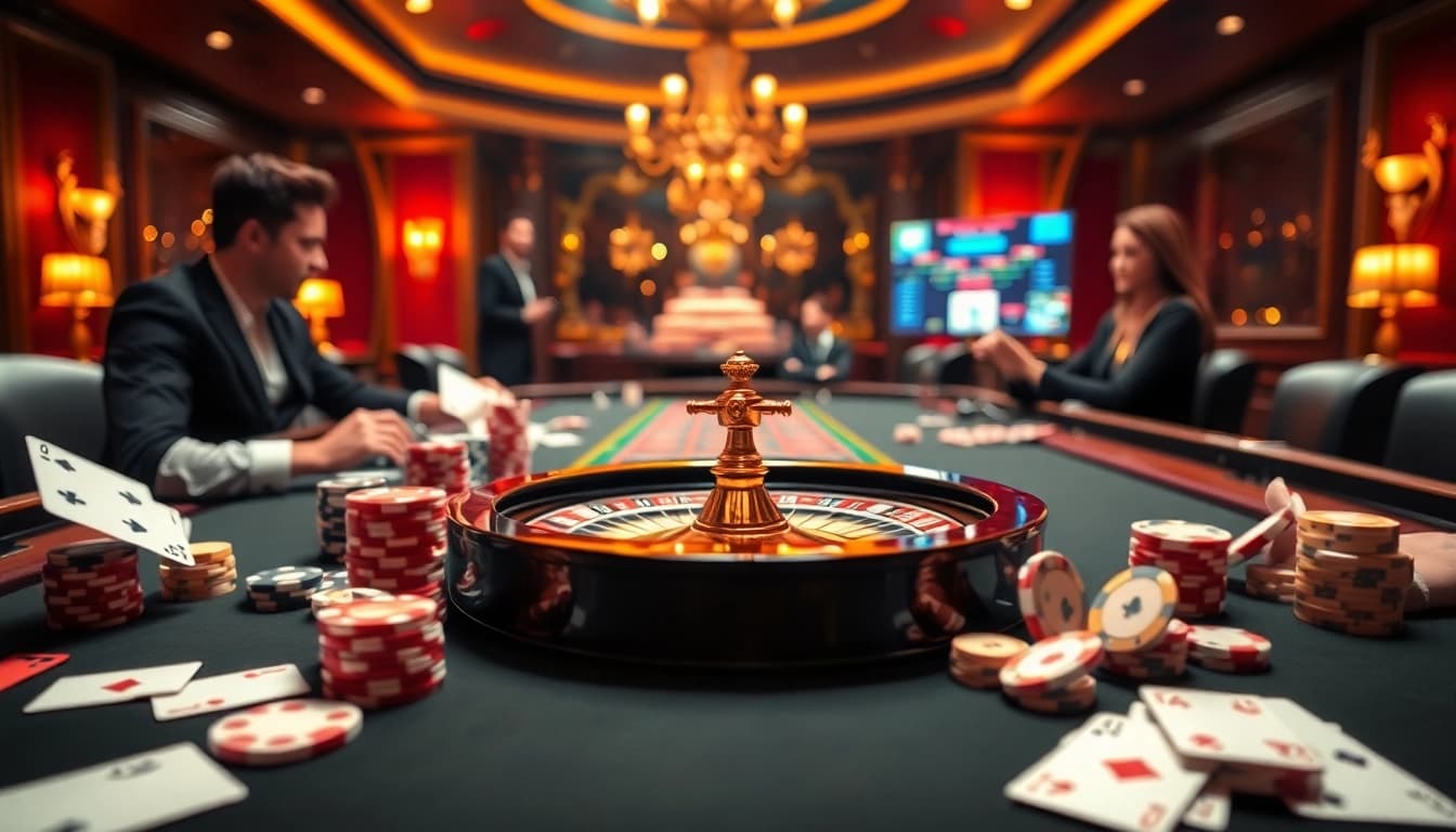 Experience the excitement of game đánh bài đổi thưởng at a luxurious casino table with vibrant poker chips and cards.