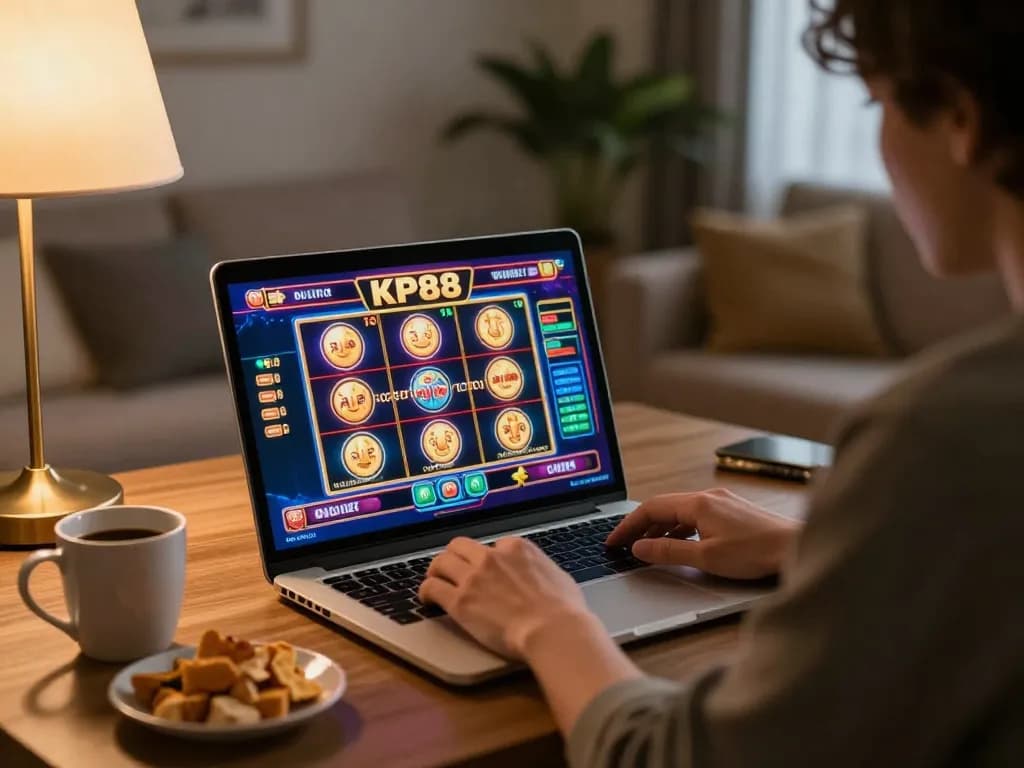 Engaging online gaming experience at KP88, with vibrant slot machines displayed on laptop screen.