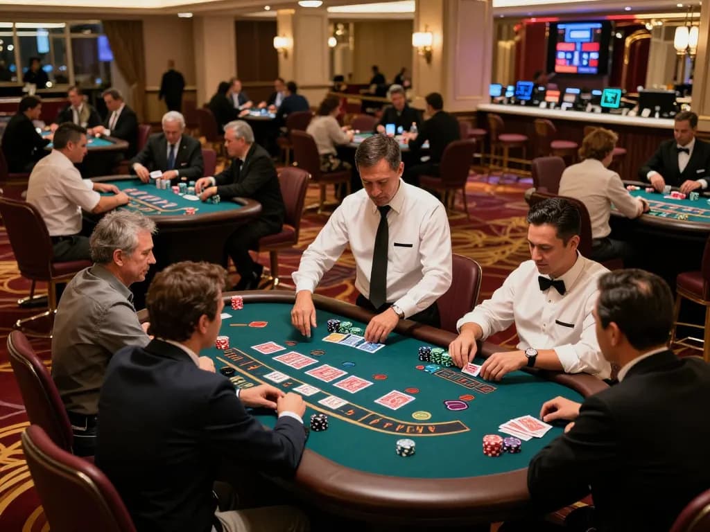 FC88 players engaged in high-stakes blackjack at a luxurious casino, capturing excitement and strategy.