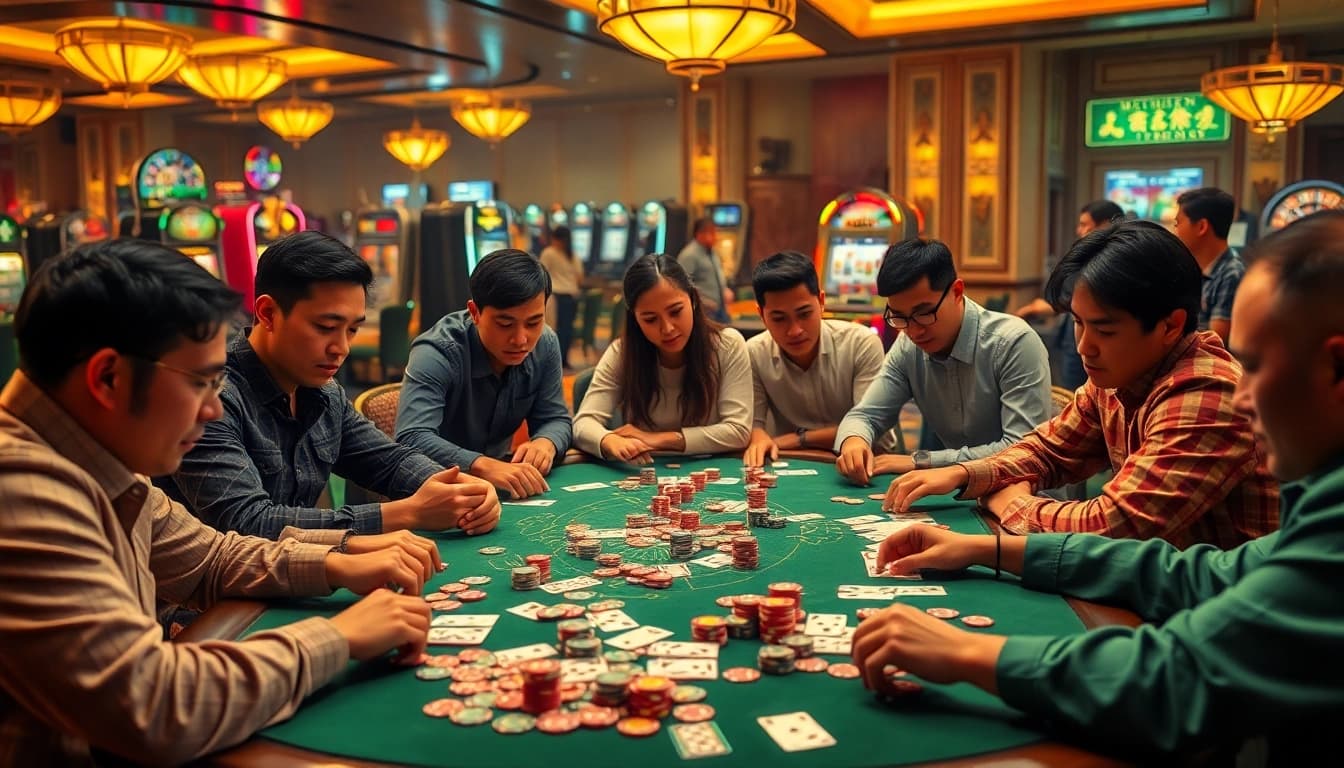 Cách Chơi Phỏm at an engaging casino table with vibrant cards and players showcasing excitement.