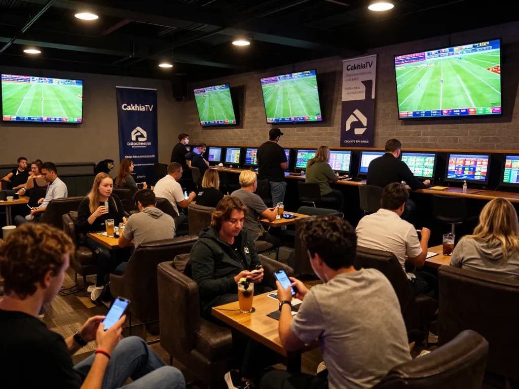 Engaging football stream Cakhiatv scene with fans participating in live betting activities and enjoying sports.
