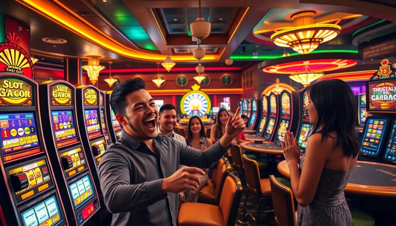 Suasana menarik di kasino dengan pemain yang terlibat dengan mesin slot gacor hari ini dan meja permainan yang penuh warna.