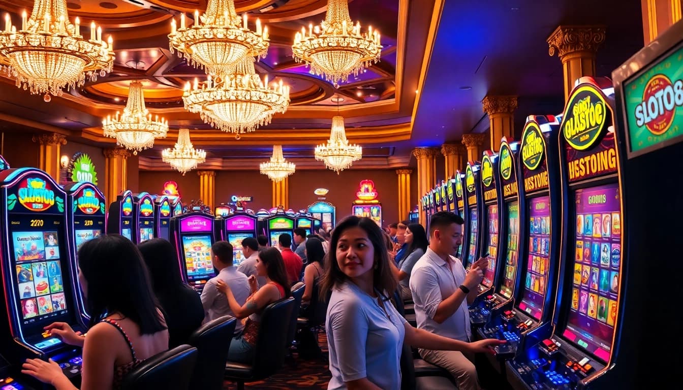 Pemain menikmati beragam mesin slot di kasino mewah, menyoroti kegembiraan slot88.