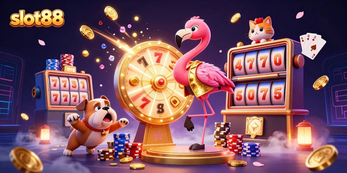 Slot88 mengincar jackpot besar dalam ilustrasi kasino yang penuh warna dan detail megah.