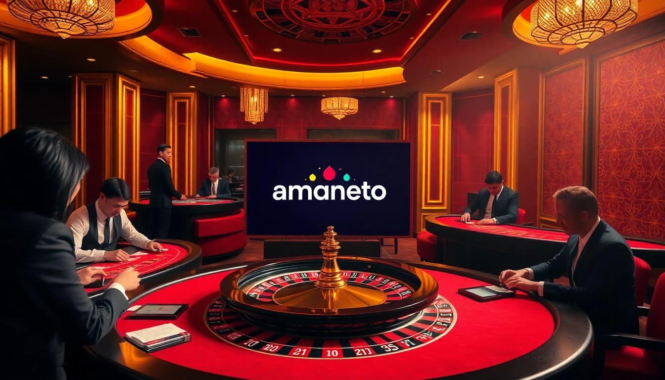 Excitement in gambling at amanahtoto's luxurious casino scene with a roulette wheel and players.