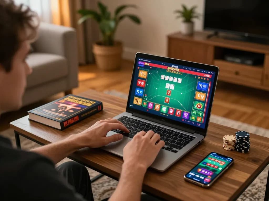 Engaged player at home using laptop for du88 online casino poker gaming, showcasing responsible entertainment