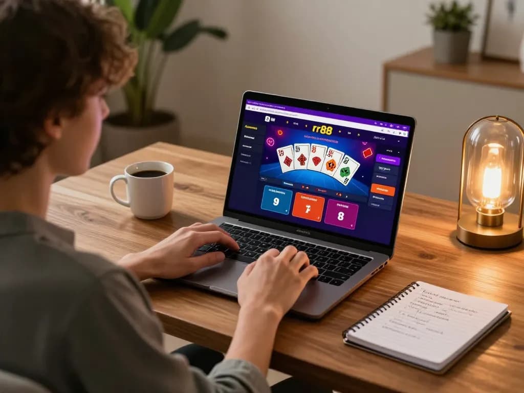 Engaging player enjoying rr88 online casino experience at home, focusing on poker game.