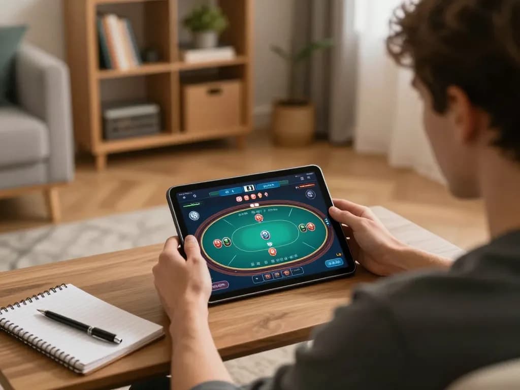 Engaging online poker gameplay showcasing slot gacor hari ini strategy in a cozy home setting.