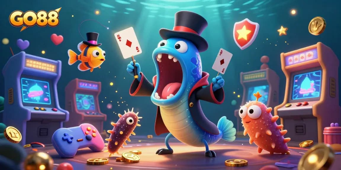 Experience the excitement of GO88 with a vibrant 3D illustration featuring captivating sea creatures and gaming elements.