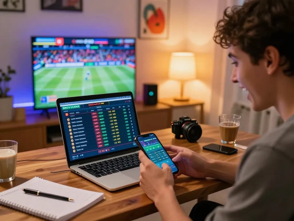 Engaging in sports betting on debet via smartphone in a cozy home workspace.