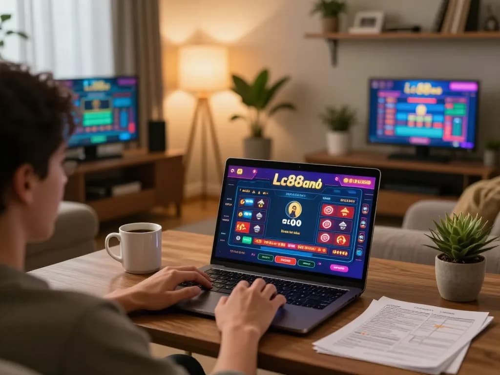 Playing at Lc88 trang chủ with a live dealer game on a laptop in a cozy home setting.