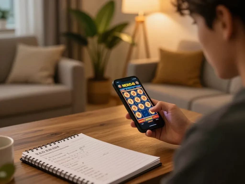 Neng4D slot player enjoying an online gaming session on smartphone in cozy living room.