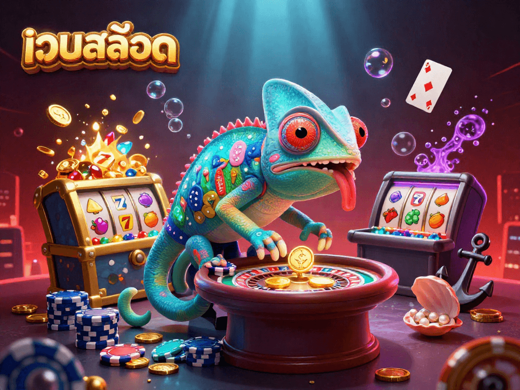 Spin the reels and win big at เว็บสล็อต with our vibrant casino illustration showcasing a chameleon dealer.