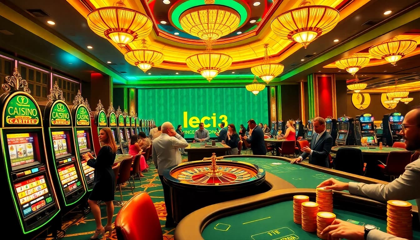 Leci123 gaming experience with luxurious casino tables, engaged players, and vibrant slot machines.