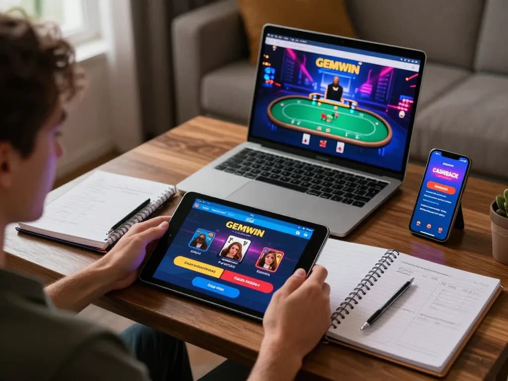 Player strategizing with GEMWIN app on tablet in a cozy home setting