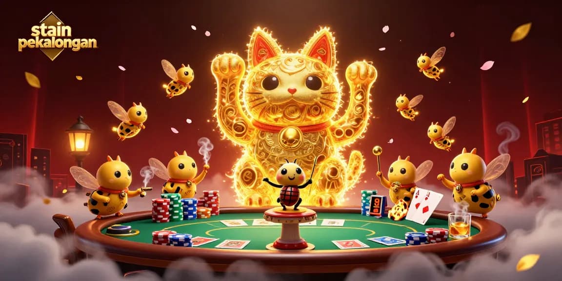 Experience the thrill of gambling at stain pekalongan with a vibrant lucky cat illustration and casino elements.