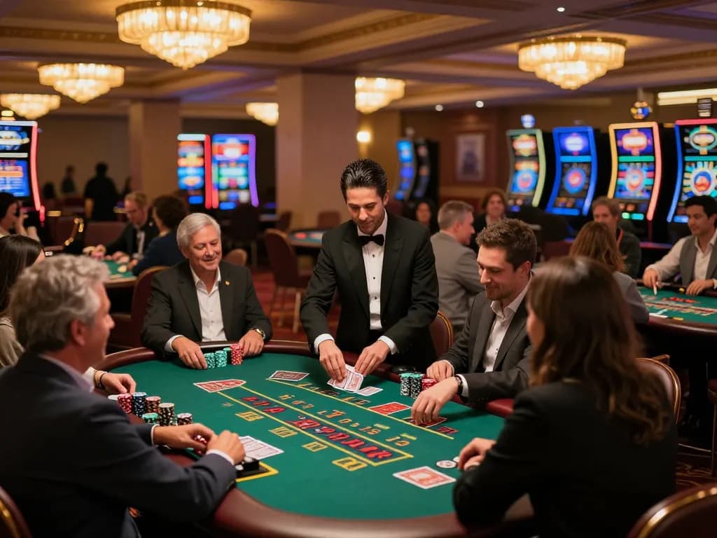 Live Casino atmosphere with players engaged in blackjack and roulette, showcasing excitement and vibrant decor.