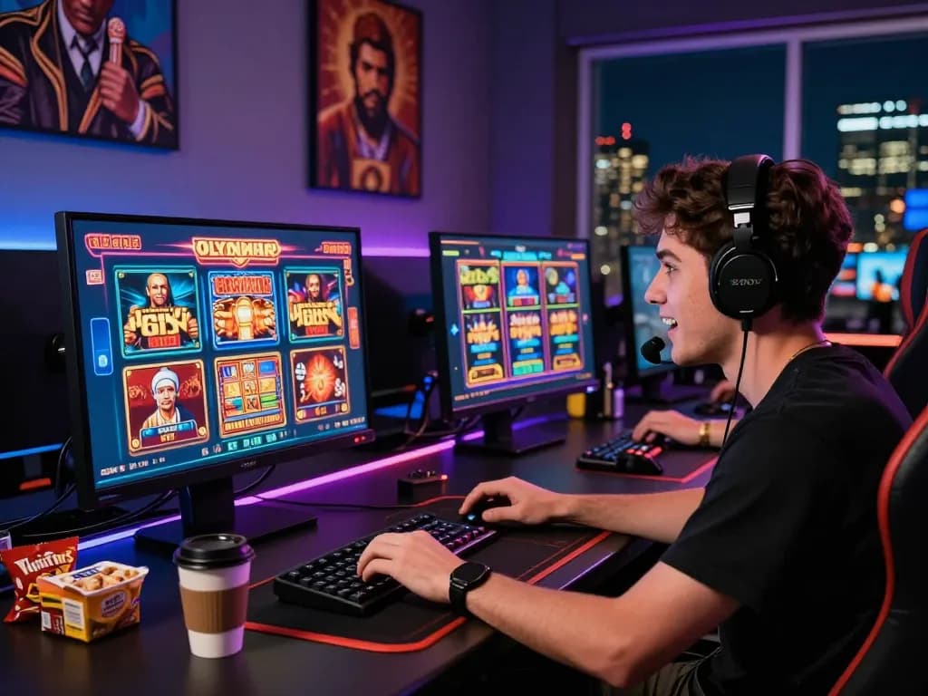 Engaging online casino gaming experience with player at desktop setup and vibrant game graphics featuring tr88.