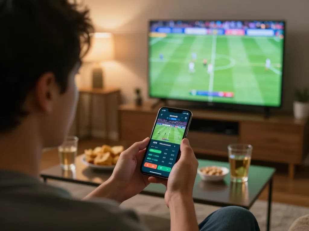 Pengguna SPBO 1 secara aktif memasang taruhan di smartphone sambil menonton olahraga langsung, menangkap momen taruhan olahraga yang strategis.