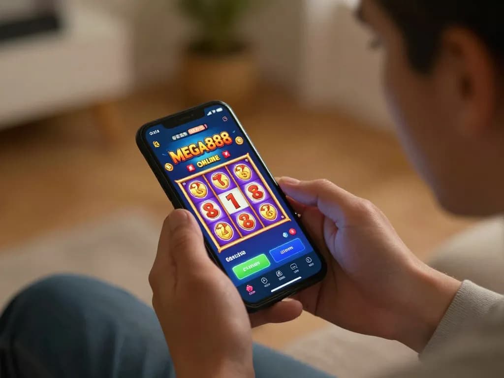 Mega888 Online player engaging with mobile app interface, vibrant slot games displayed in cozy home setting.