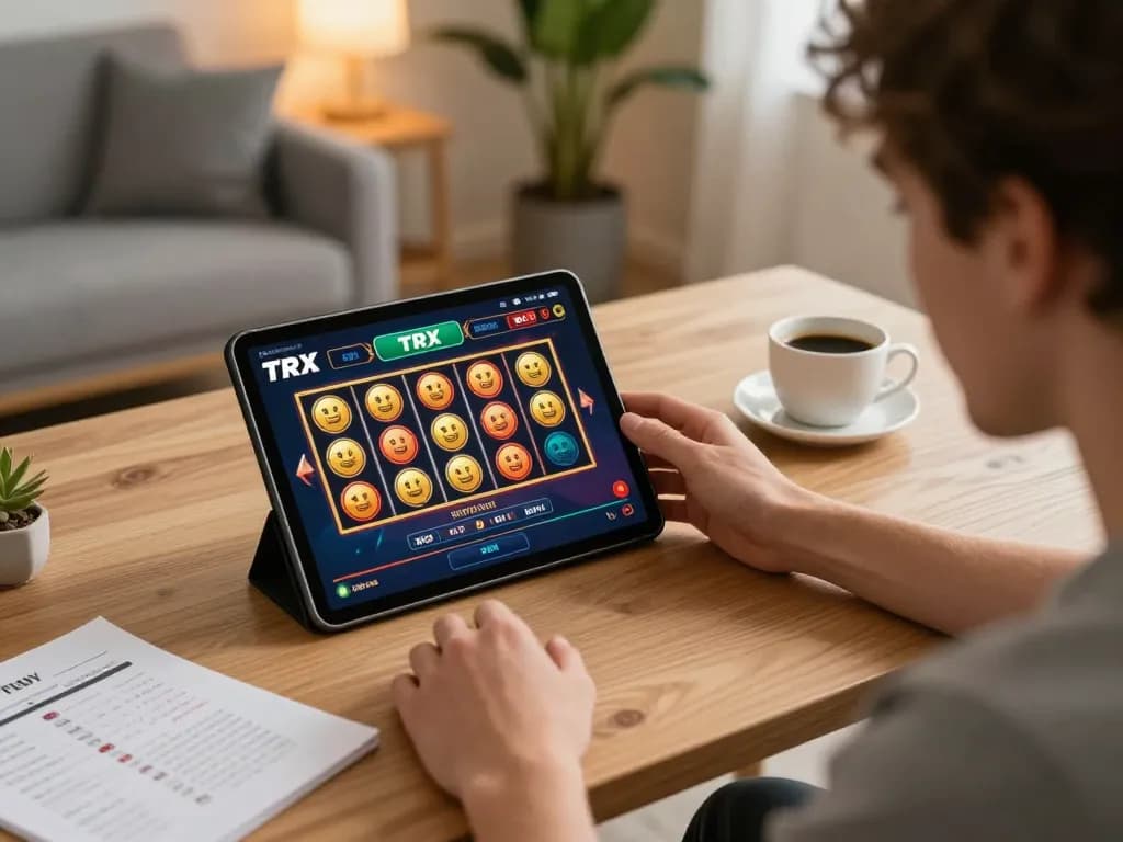Play with TRX in an online casino setting with engaged player and vibrant slot game display