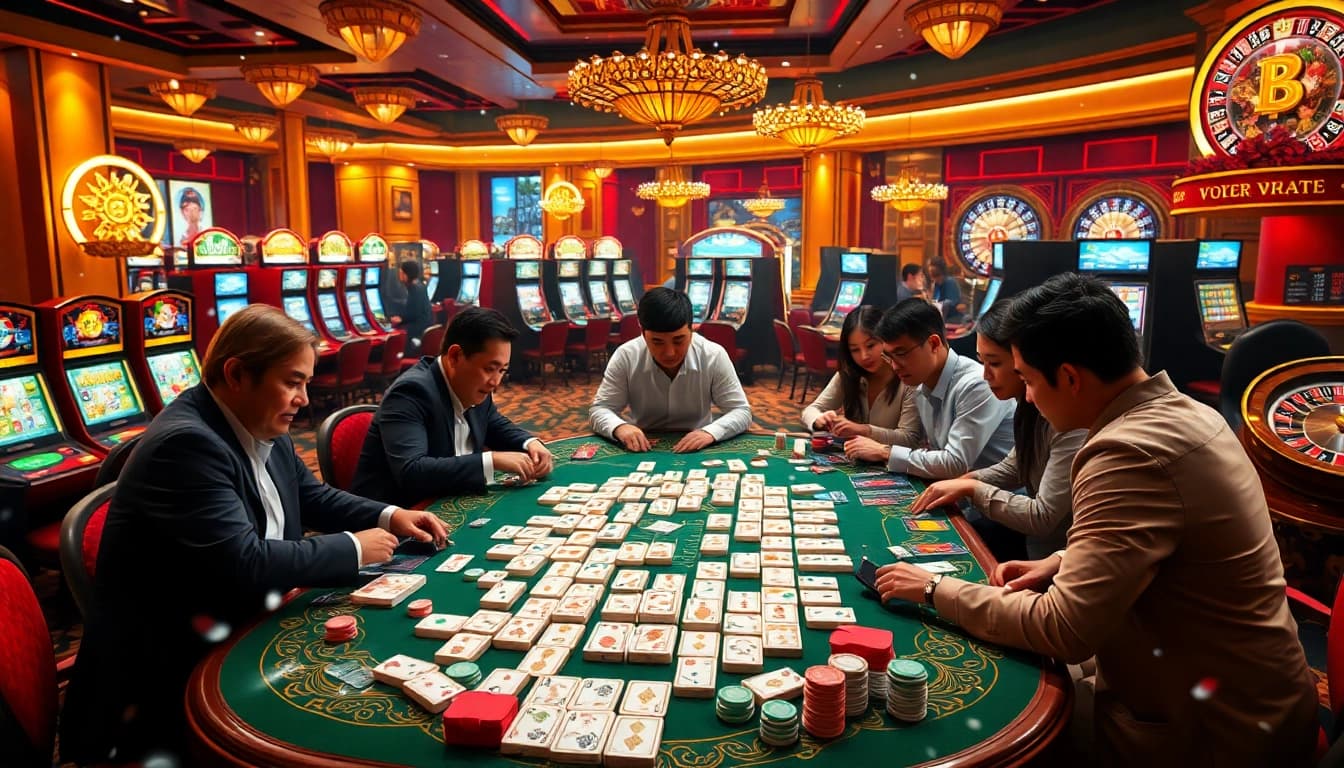 A thrilling casino scene showcasing an akun demo experience with players at a mahjong table and vibrant slot machines.