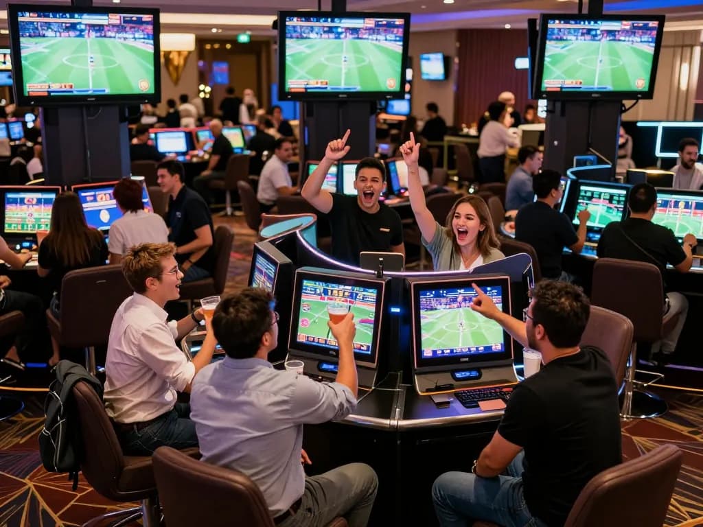 Patrons excitedly placing bets at LV88's sports betting venue, showcasing lively interactions.