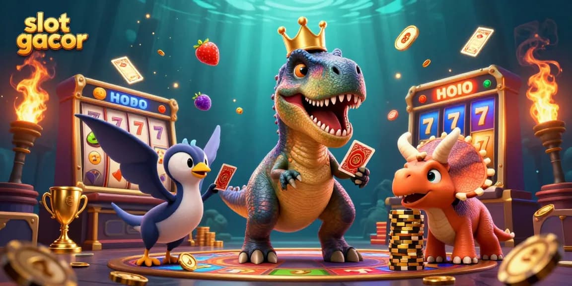 Slot gacor dengan ilustrasi dinosaur yang bersenang-senang di kasino digital mengumpulkan chip emas.