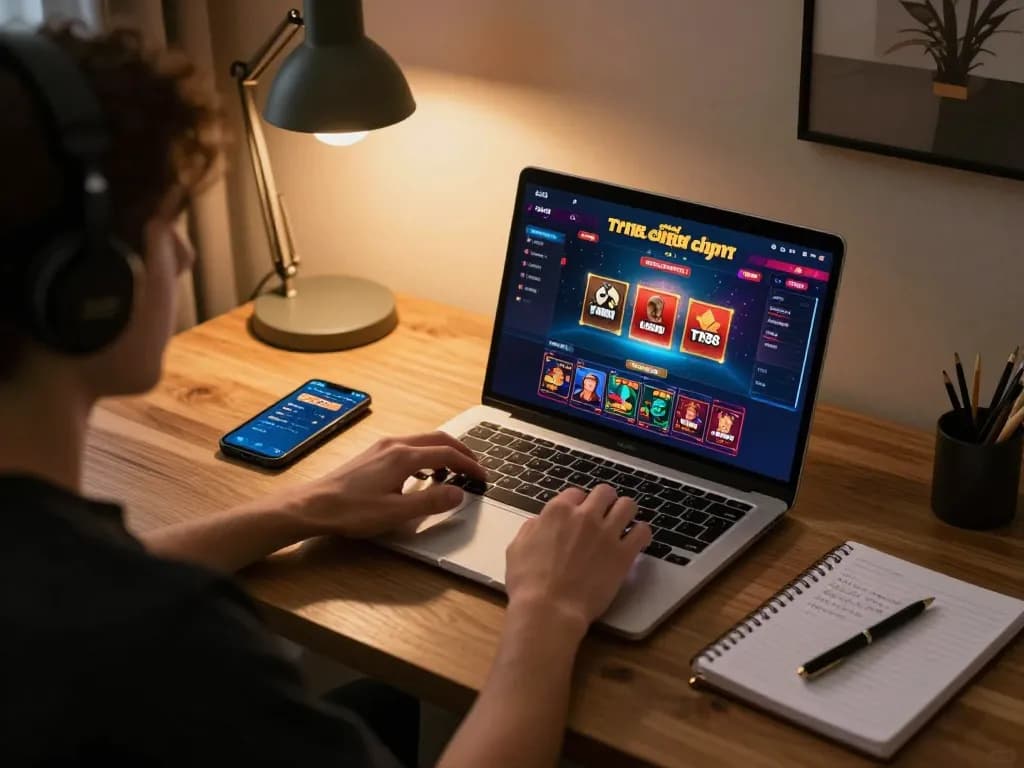 Playing the Tr88 chính thức casino app on a laptop in a cozy home setting with warm lighting.