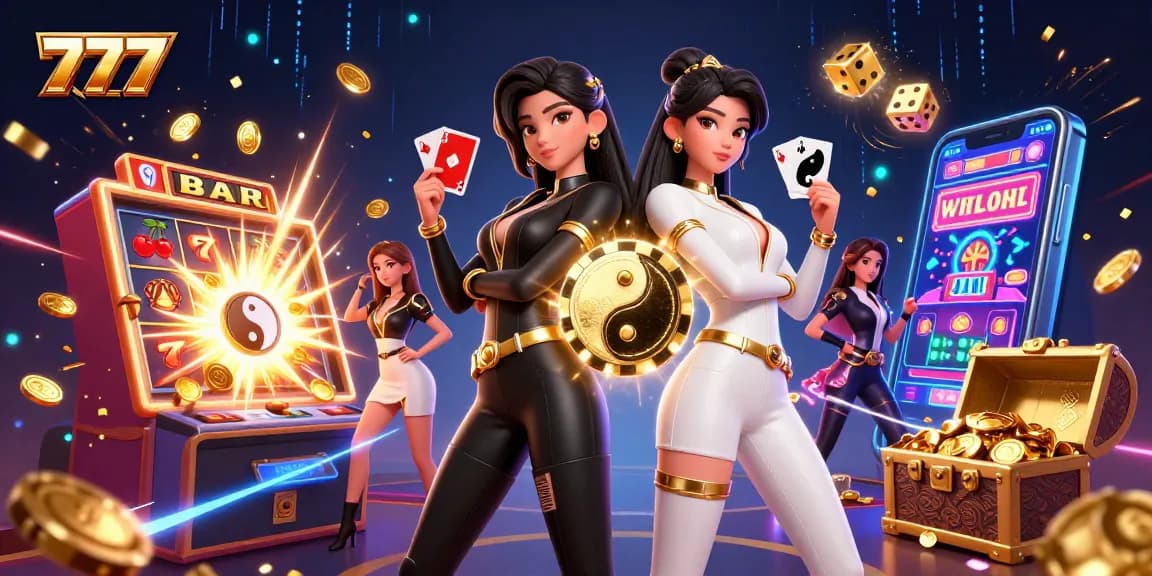 Action-packed scene of twin Asian women holding playing cards with a stunning 777 jackpot theme.