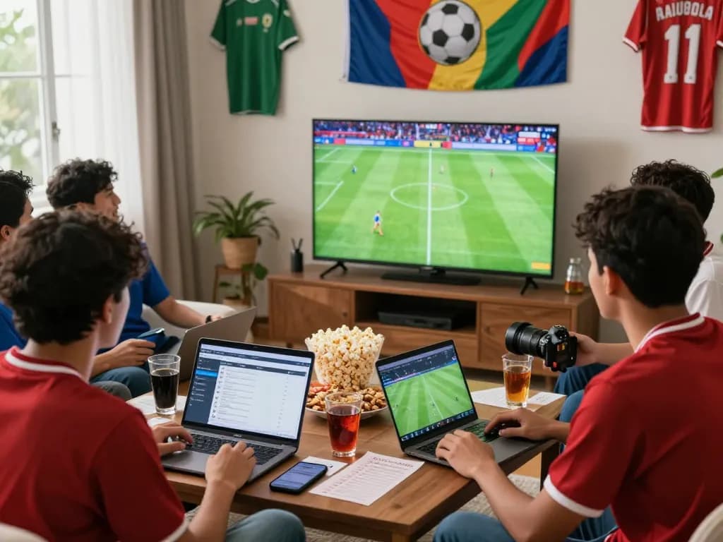 Friends enjoying Judi Bola while watching a live football match with betting apps