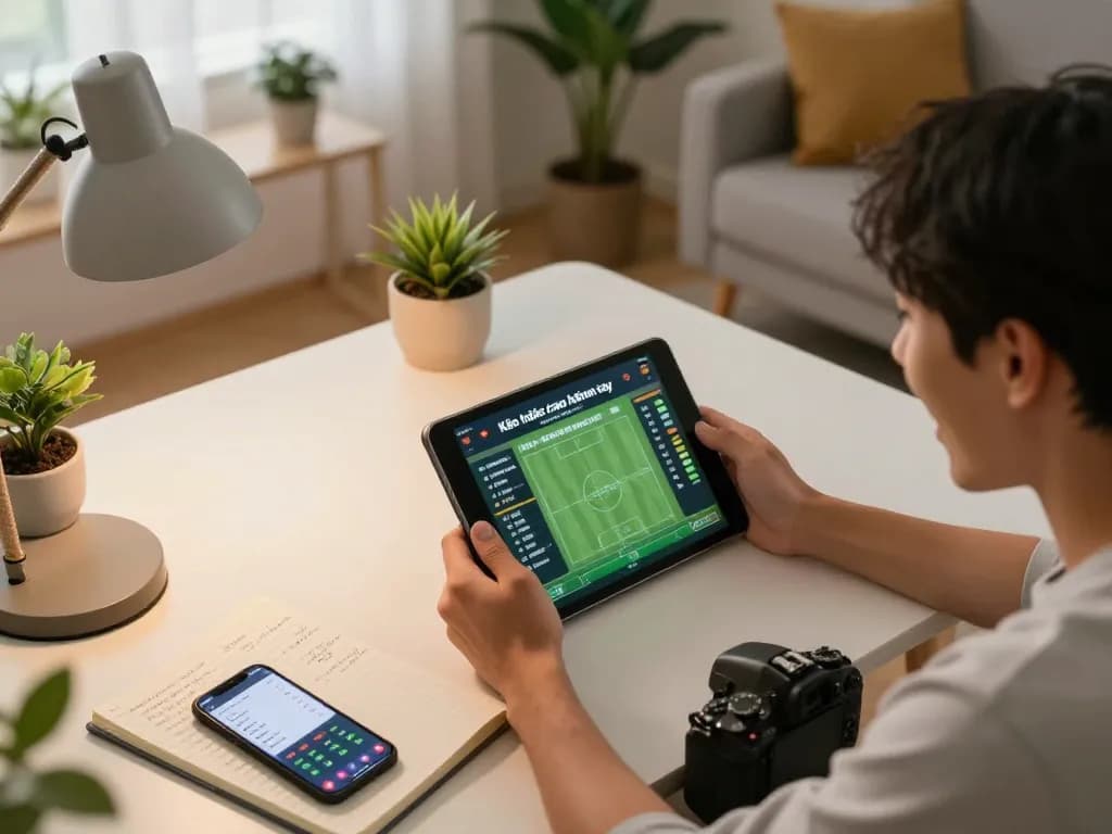 Kèo nhà cái hôm nay shows a player actively engaging in online betting with tablet.