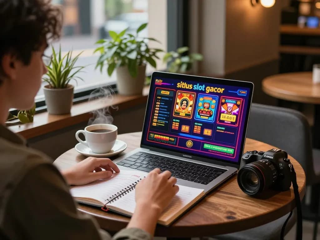 Suasana permainan situs slot gacor dengan seseorang di kafe, terlibat di laptop.