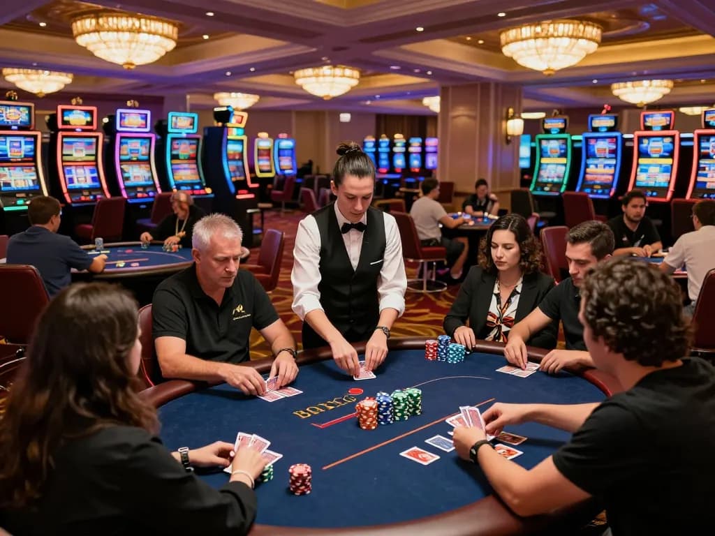 Players at 78win poker tables engaged in lively gameplay with vibrant casino atmosphere