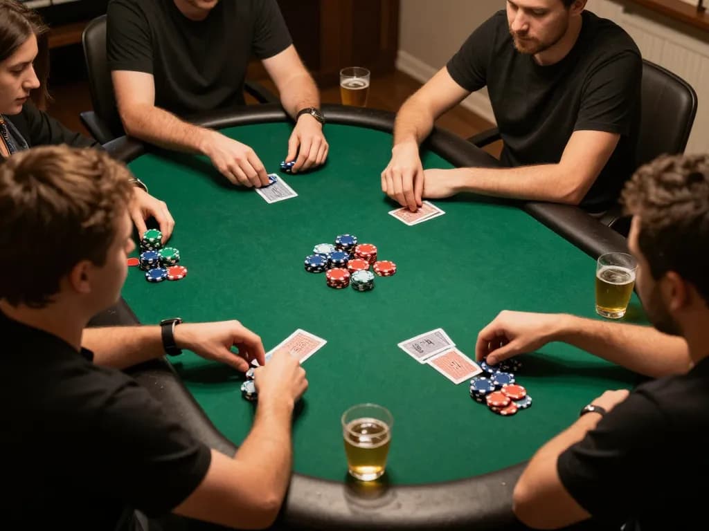 Friends enjoying a competitive poker night at home, revealing F8BET gameplay excitement.